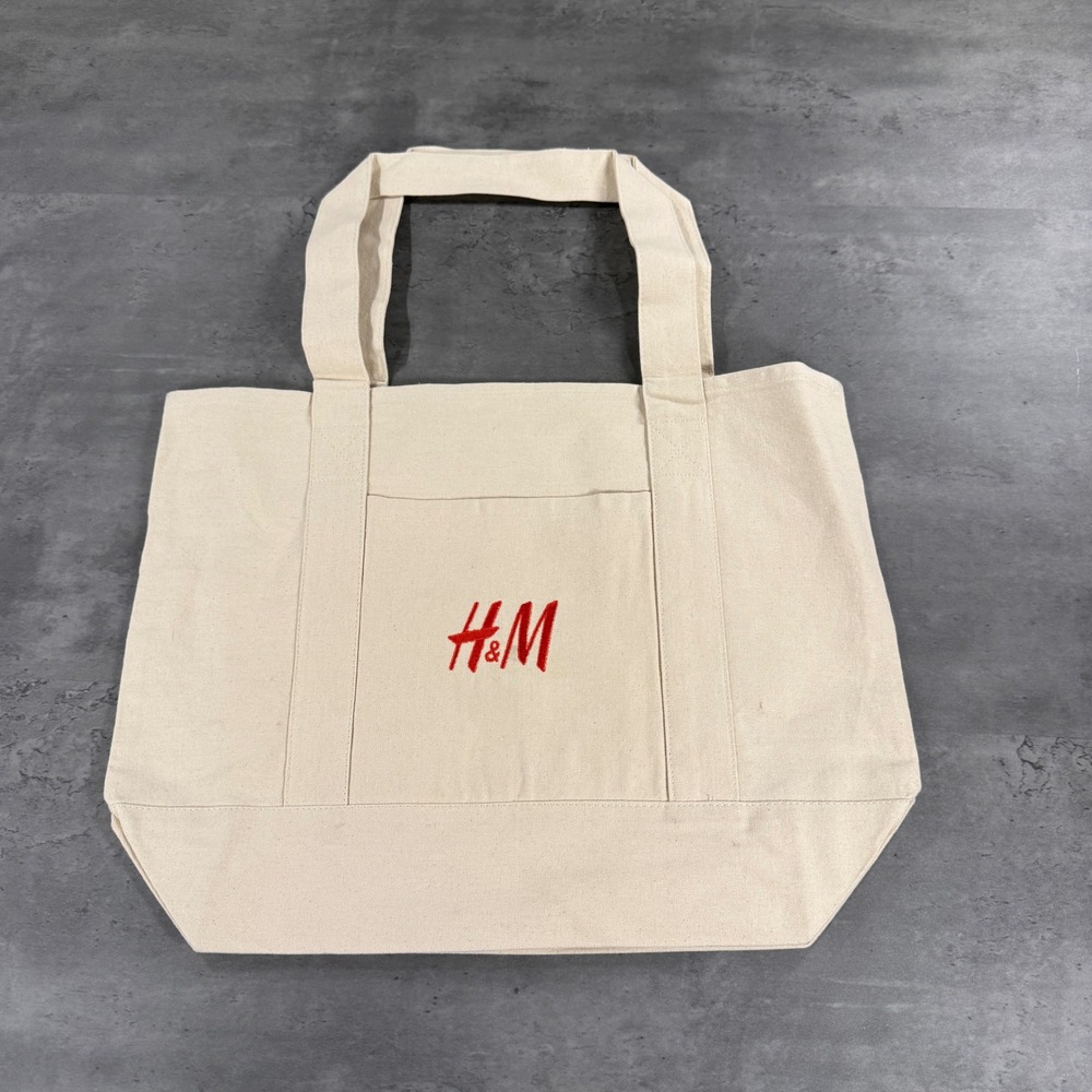 H&M Tote Bag Unisex OS Canvas Cream Red Logo NWOT Grocery Sustainable Shopping